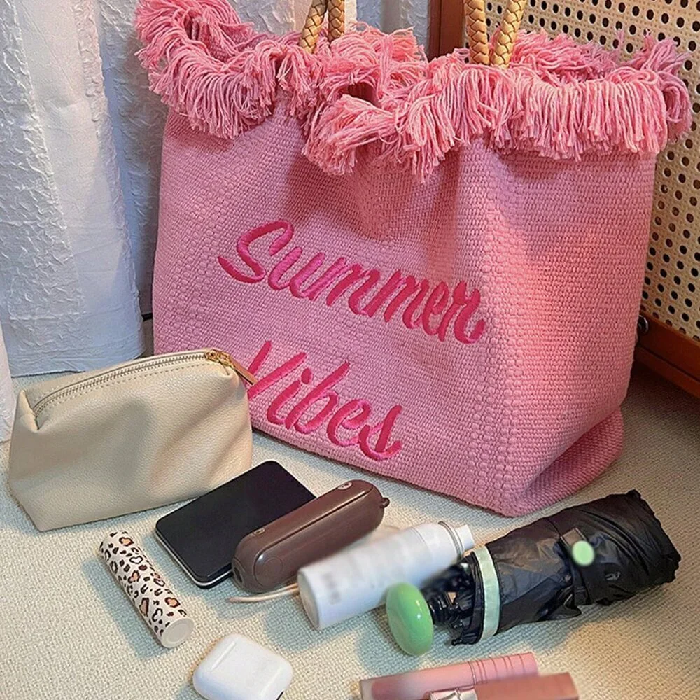 Pink Vacation Women's Large Capacity Letter & Tassel Canvas Tote Bag